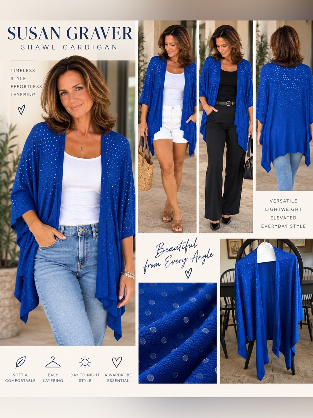 Susan Graver Royal Blue Metallic Dot Drape Kimono Cardigan S